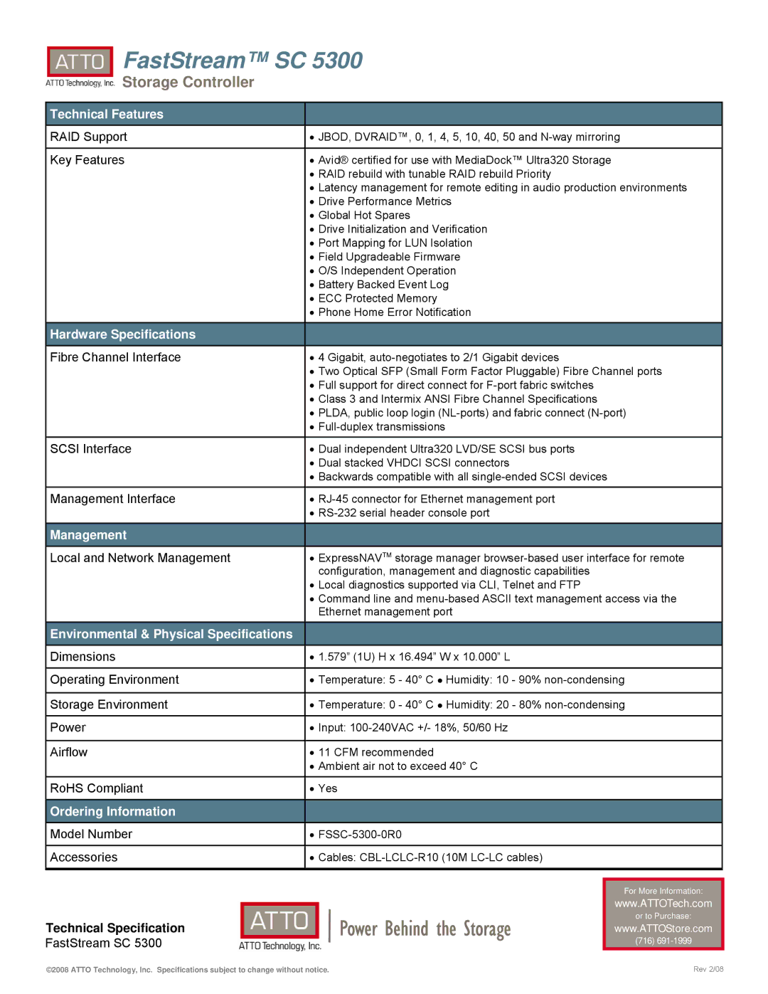 ATTO Technology SC 5300 Technical Features, Hardware Specifications, Management, Environmental & Physical Specifications 