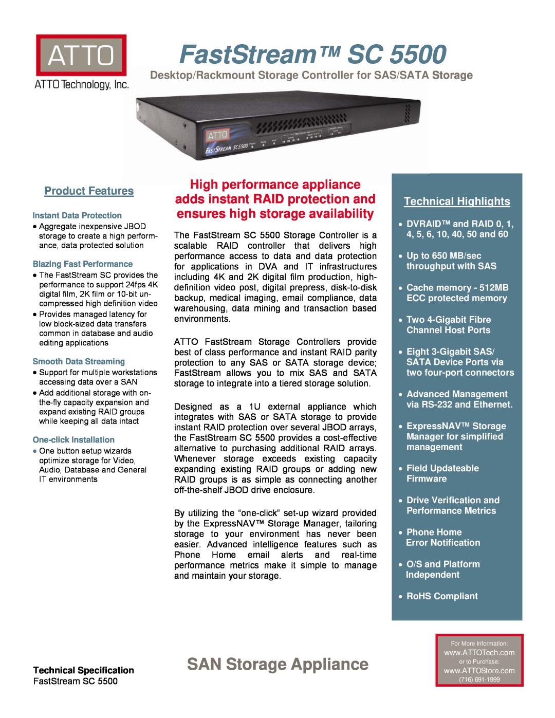 ATTO Technology SC 5500 manual Desktop/Rackmount Storage Controller for SAS/SATA Storage, Technical Specification 
