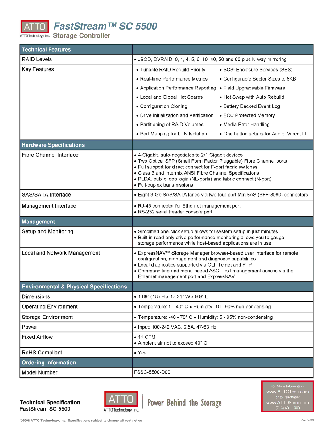 ATTO Technology SC 5500 Technical Features, Hardware Specifications, Management, Environmental & Physical Specifications 