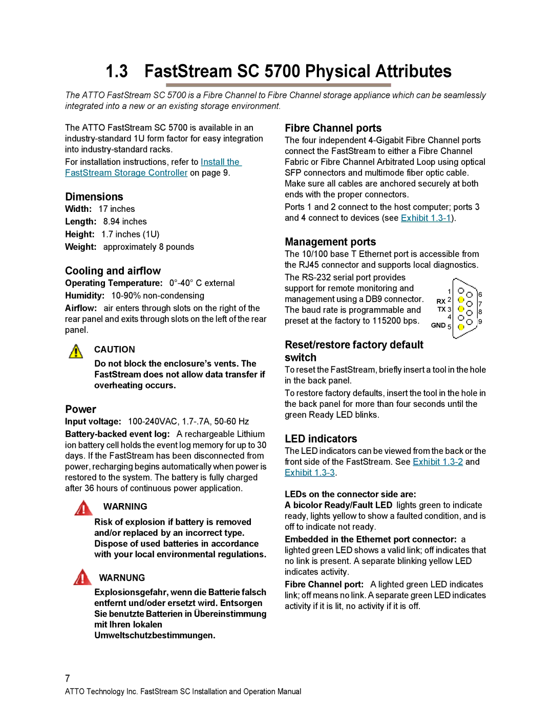 ATTO Technology operation manual FastStream SC 5700 Physical Attributes, Cooling and airflow Fibre Channel ports 