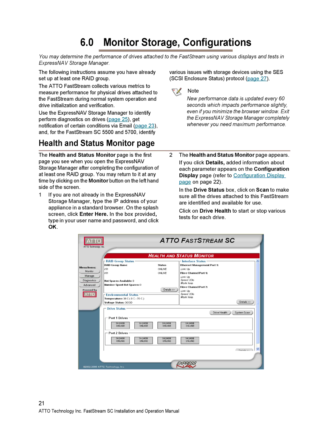 ATTO Technology SC 5700 operation manual Monitor Storage, Configurations, Health and Status Monitor page appears 