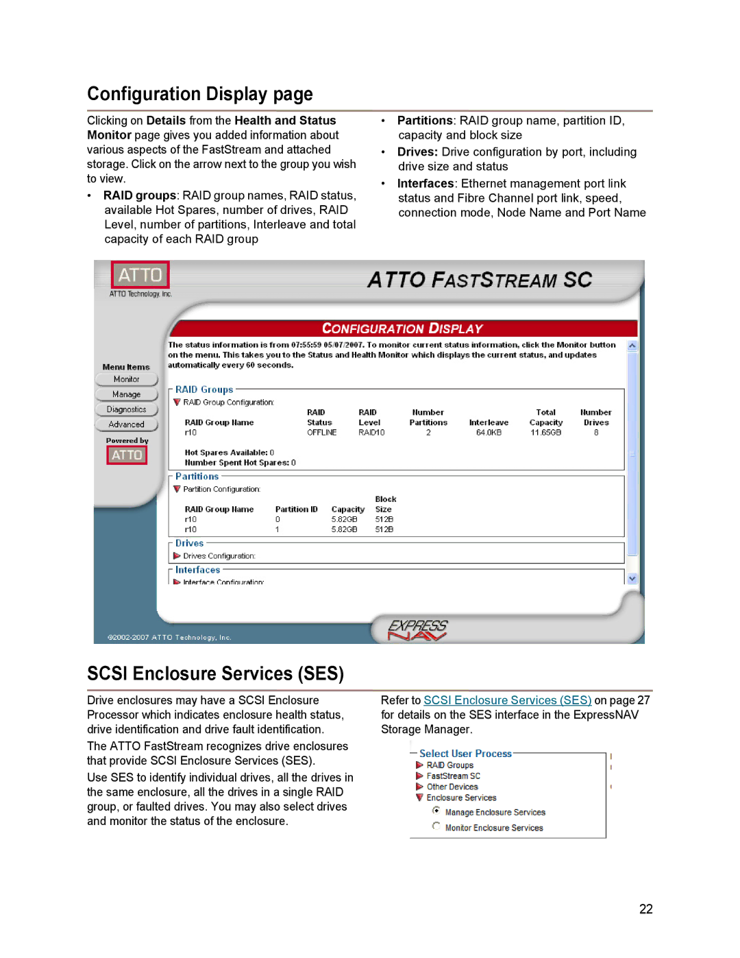 ATTO Technology SC 5700 operation manual Configuration Display, Scsi Enclosure Services SES 