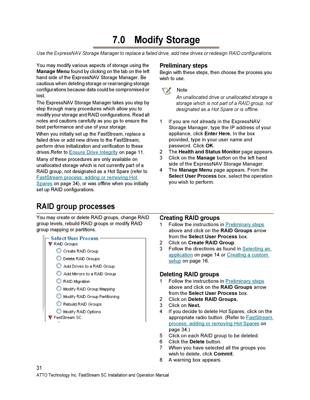 ATTO Technology SC 5700 operation manual Modify Storage, RAID group processes, Creating RAID groups, Deleting RAID groups 