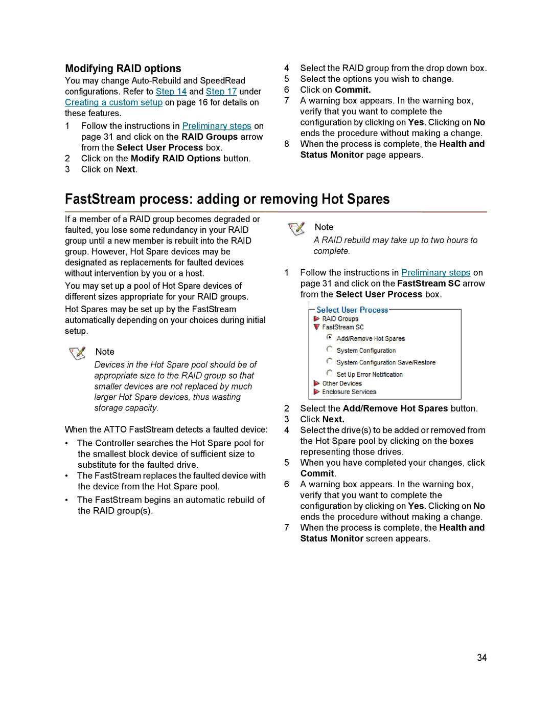 ATTO Technology SC 5700 operation manual FastStream process adding or removing Hot Spares, Modifying RAID options 