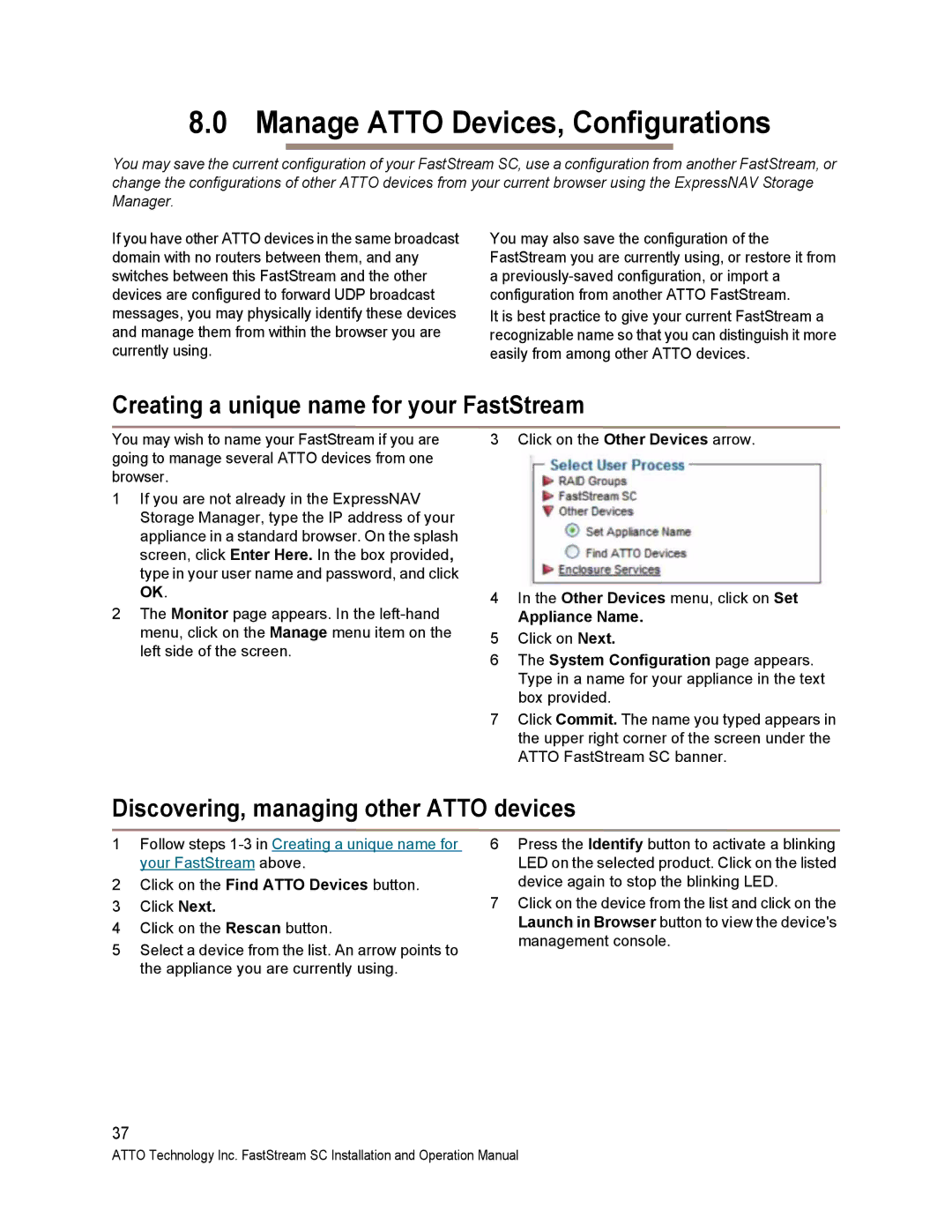 ATTO Technology SC 5700 Manage Atto Devices, Configurations, Creating a unique name for your FastStream, Appliance Name 