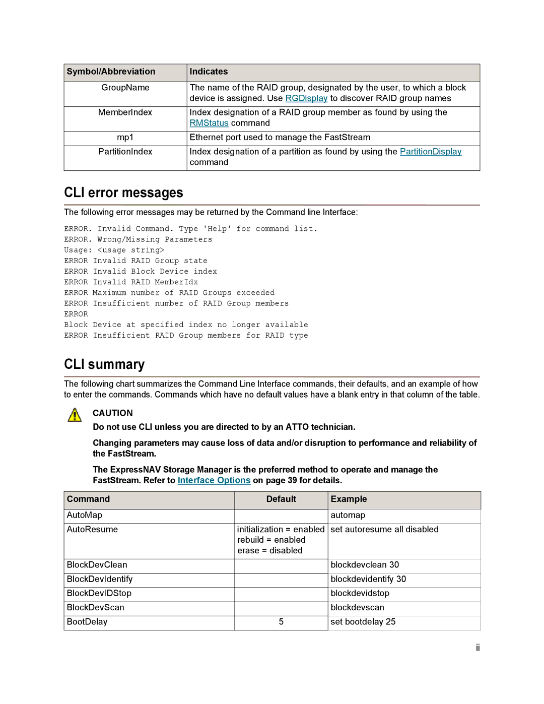 ATTO Technology SC 5700 operation manual CLI error messages, CLI summary 