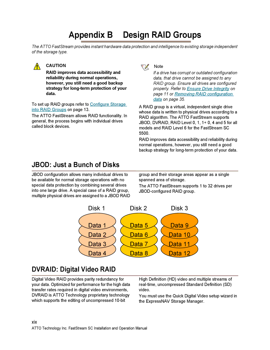 ATTO Technology SC 5700 Appendix B Design RAID Groups, Jbod Just a Bunch of Disks, Dvraid Digital Video RAID 