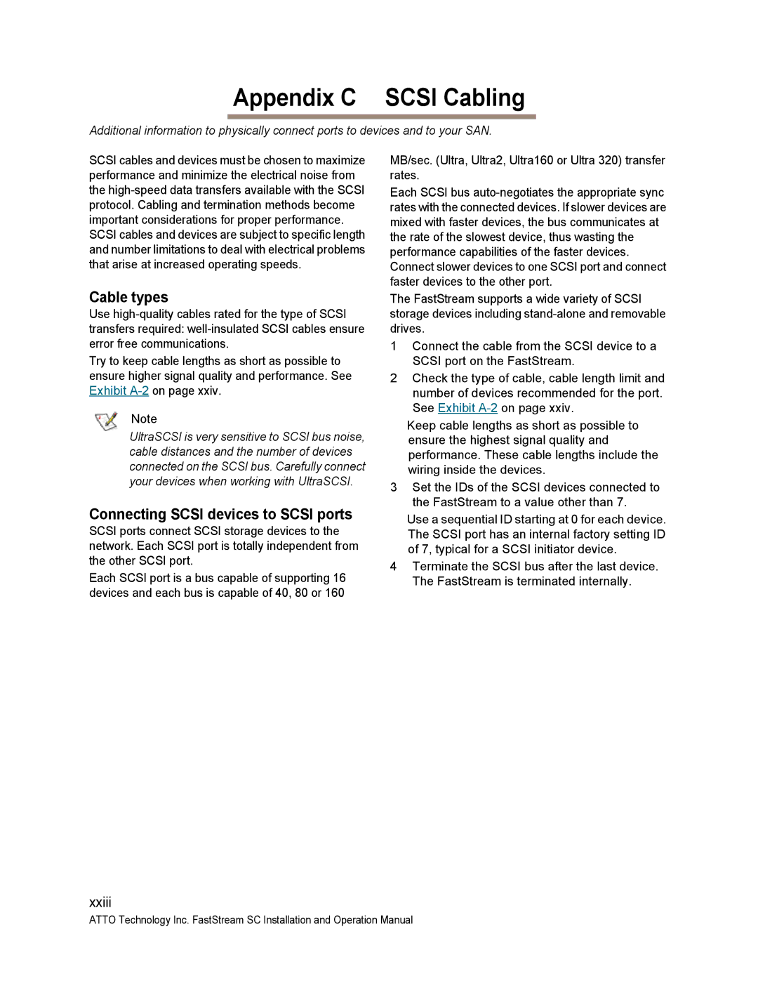 ATTO Technology SC 5700 operation manual Appendix C Scsi Cabling, Cable types, Connecting Scsi devices to Scsi ports 