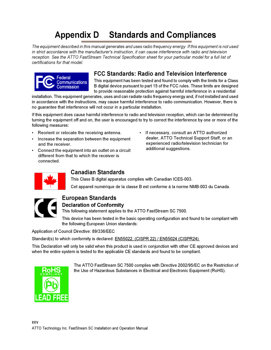 ATTO Technology SC 5700 operation manual Appendix D Standards and Compliances, Declaration of Conformity 