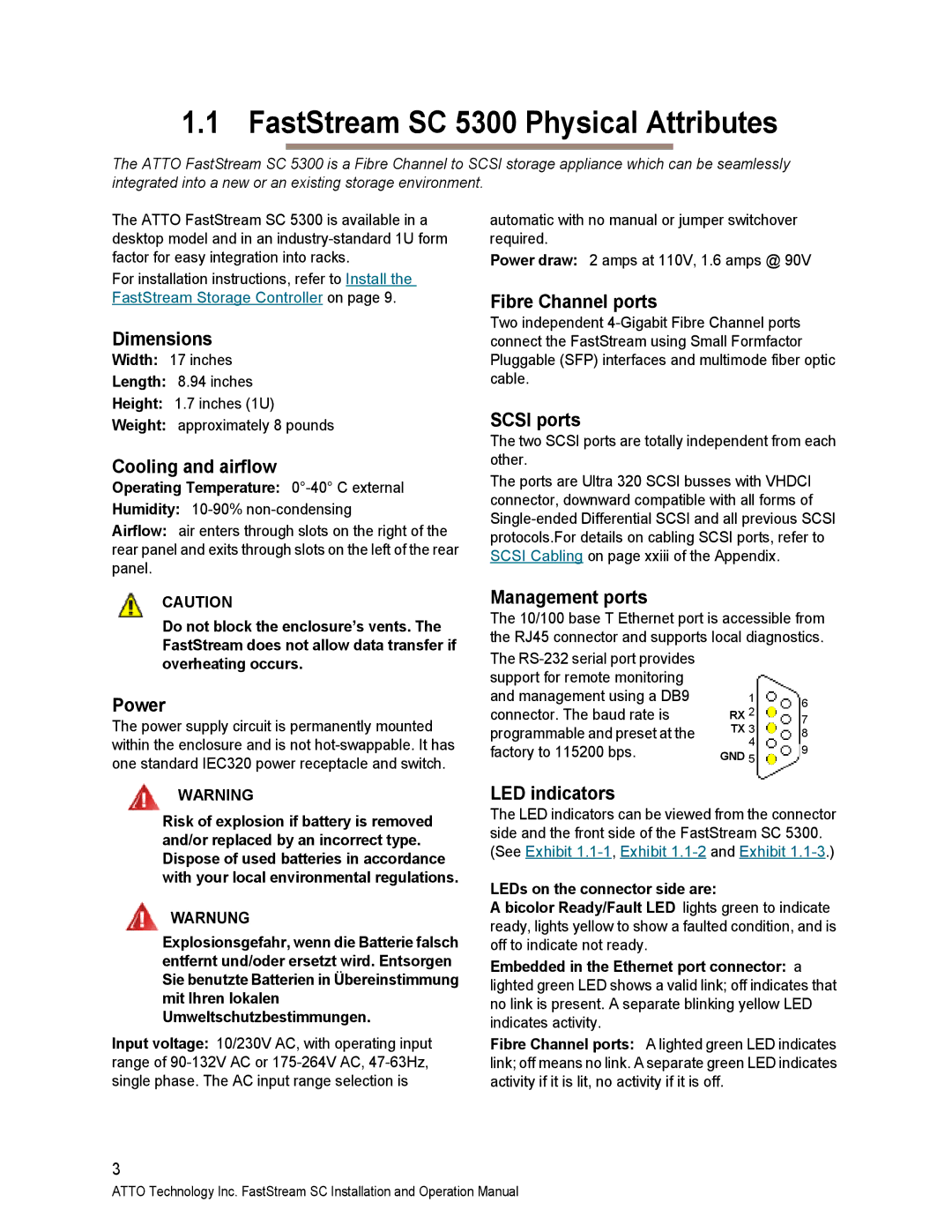 ATTO Technology SC 5700 operation manual FastStream SC 5300 Physical Attributes 