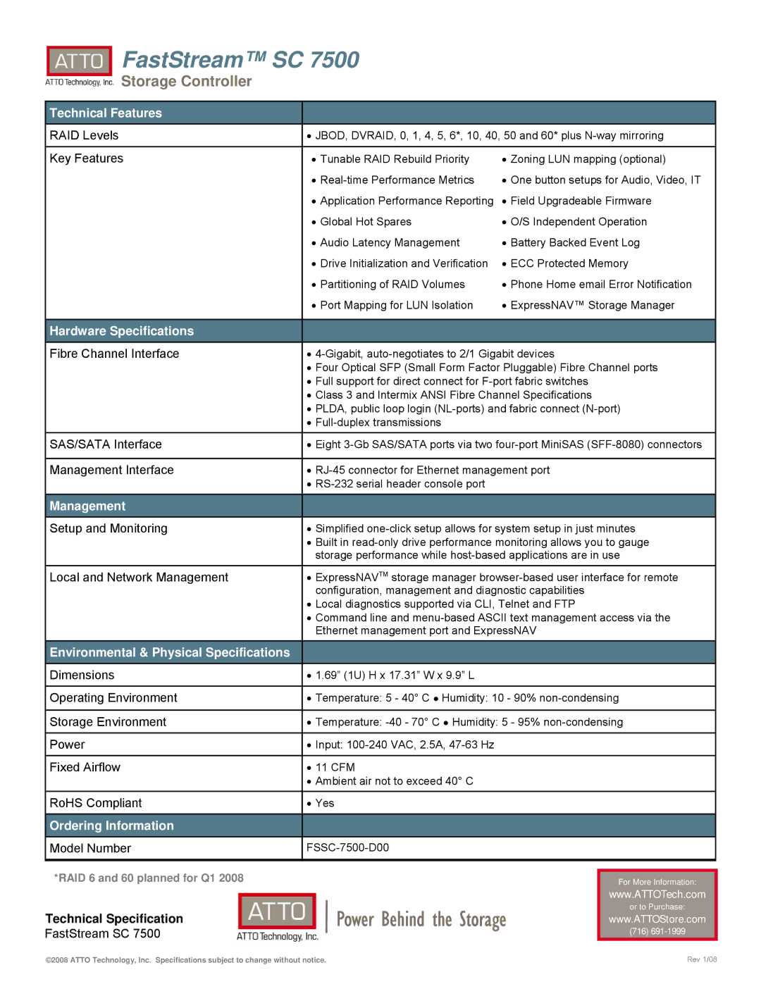 ATTO Technology SC 7500 Technical Features, Hardware Specifications, Management, Environmental & Physical Specifications 