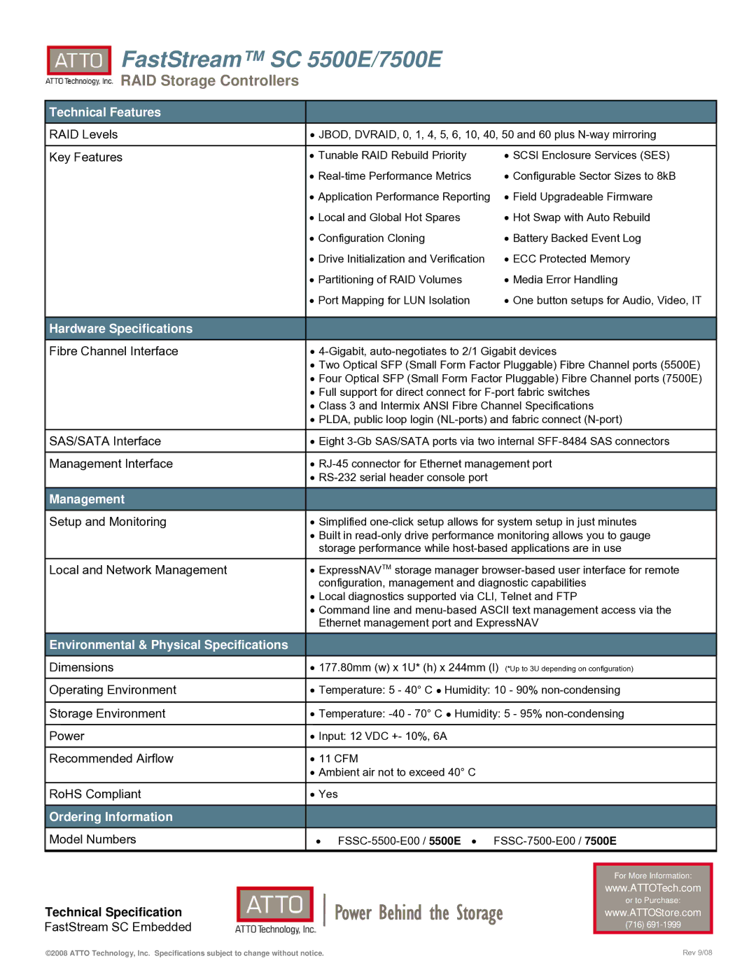 ATTO Technology SC 7500E Technical Features, Hardware Specifications, Management, Environmental & Physical Specifications 