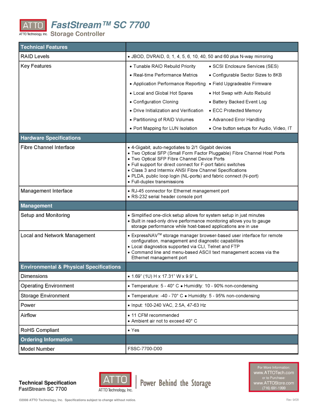 ATTO Technology SC 7700 Technical Features, Hardware Specifications, Management, Environmental & Physical Specifications 