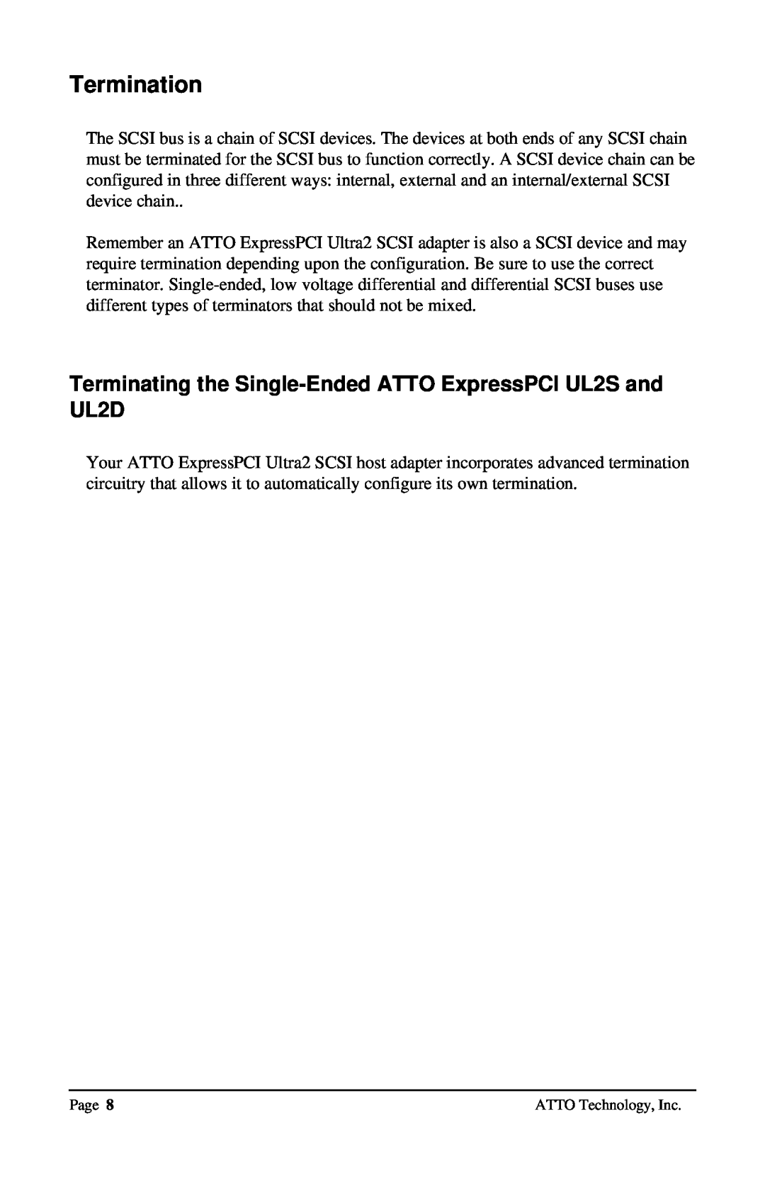ATTO Technology UL25 user manual Termination, Terminating the Single-Ended ATTO ExpressPCI UL2S and UL2D 
