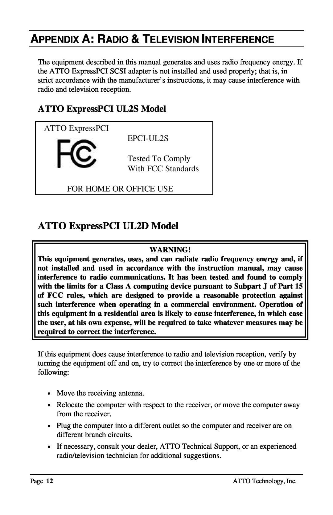 ATTO Technology Appendix A Radio & Television Interference, ATTO ExpressPCI UL2D Model, ATTO ExpressPCI UL2S Model 