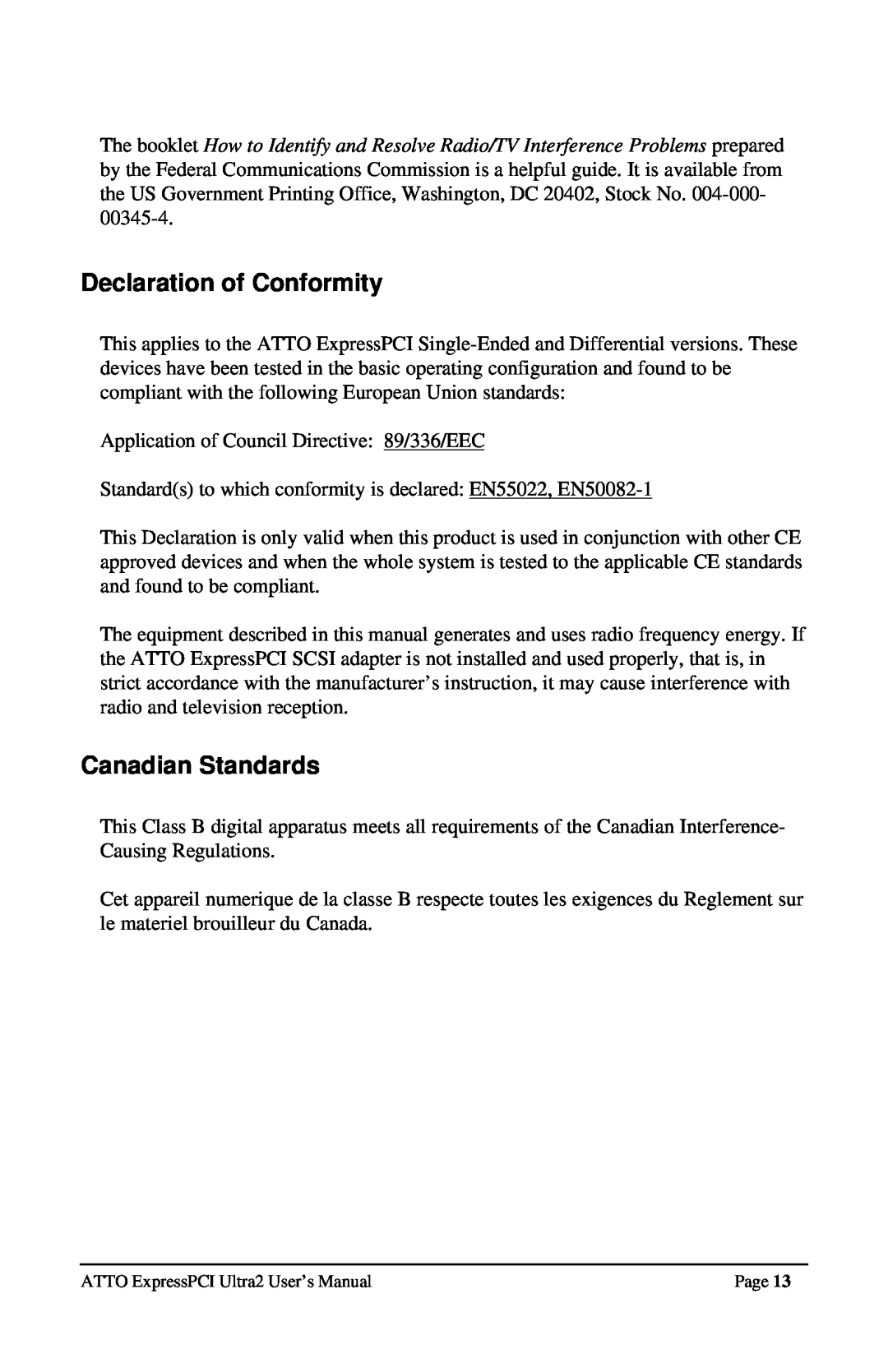 ATTO Technology UL25, UL2D user manual Declaration of Conformity, Canadian Standards 