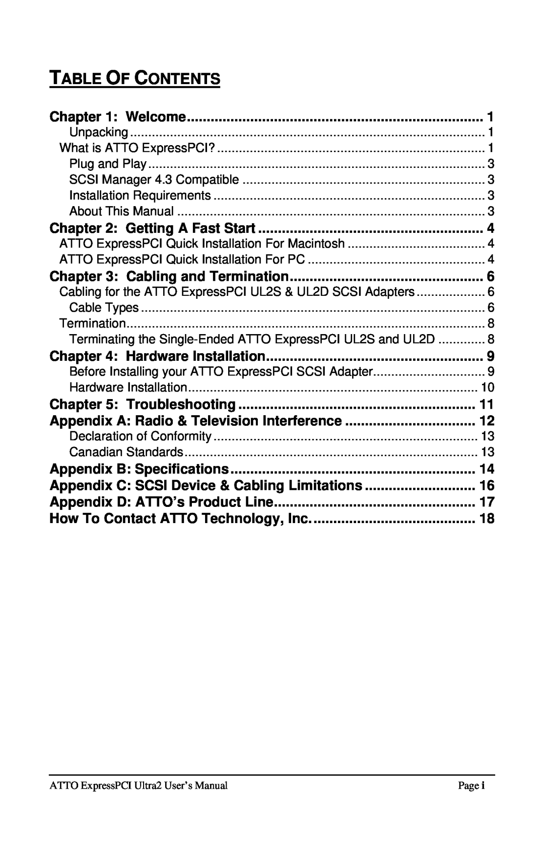 ATTO Technology UL25, UL2D Table Of Contents, Troubleshooting, Appendix C SCSI Device & Cabling Limitations, Welcome 