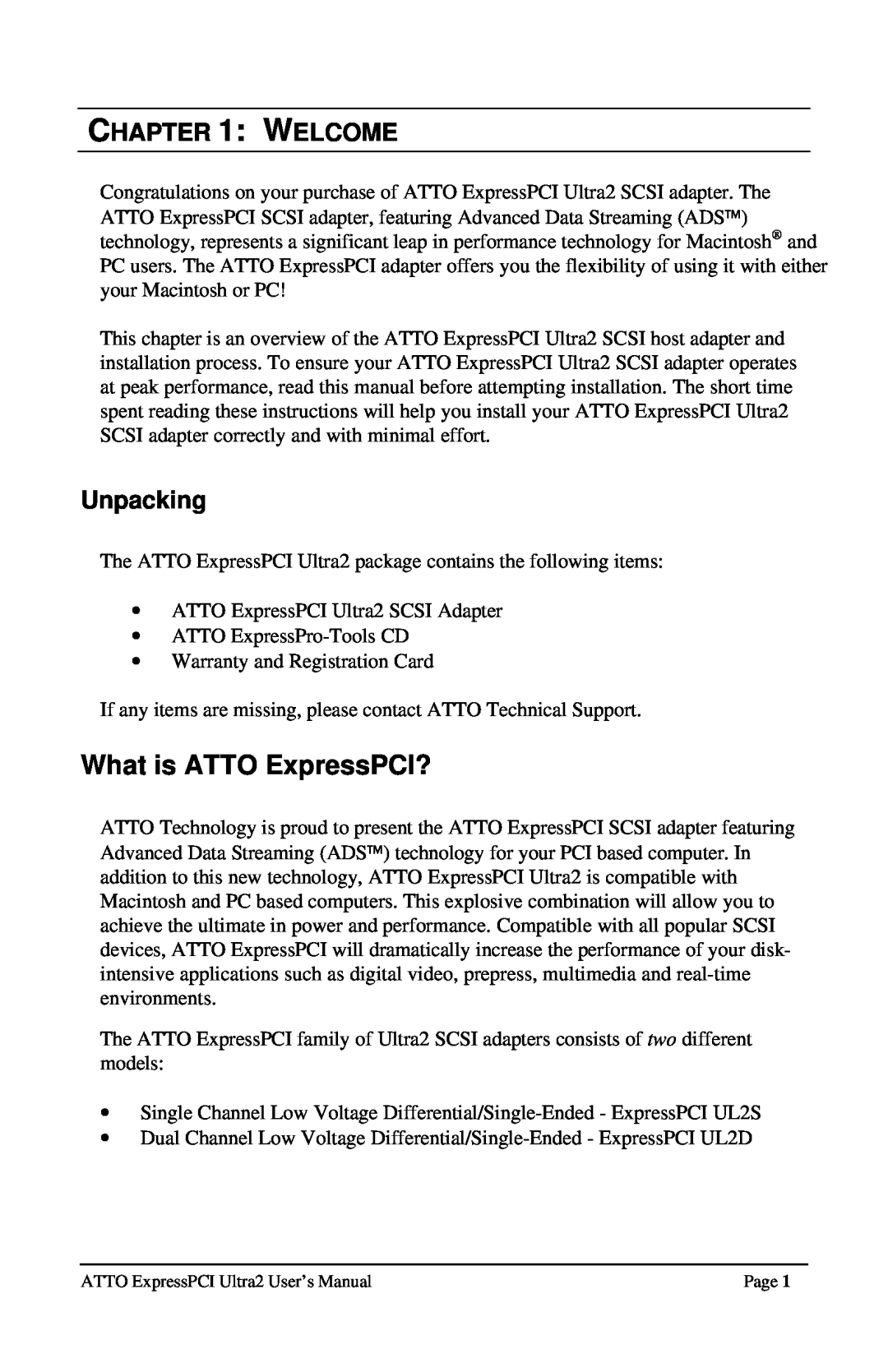 ATTO Technology UL25, UL2D user manual What is ATTO ExpressPCI?, Welcome, Unpacking 