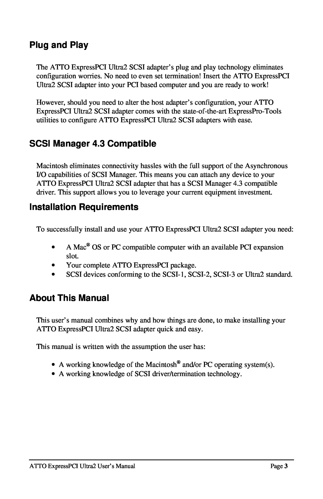ATTO Technology UL25, UL2D Plug and Play, SCSI Manager 4.3 Compatible, Installation Requirements, About This Manual 