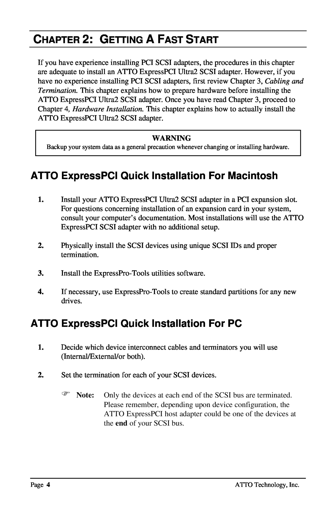 ATTO Technology UL2D, UL25 ATTO ExpressPCI Quick Installation For Macintosh, ATTO ExpressPCI Quick Installation For PC 