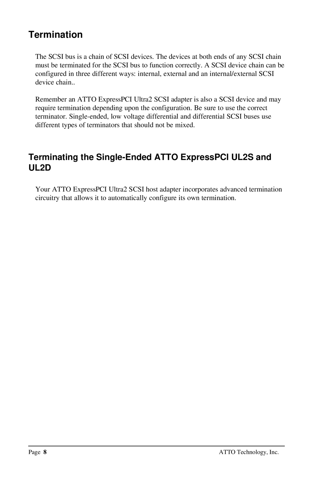 ATTO Technology UL25 user manual Termination, Terminating the Single-Ended Atto ExpressPCI UL2S and UL2D 