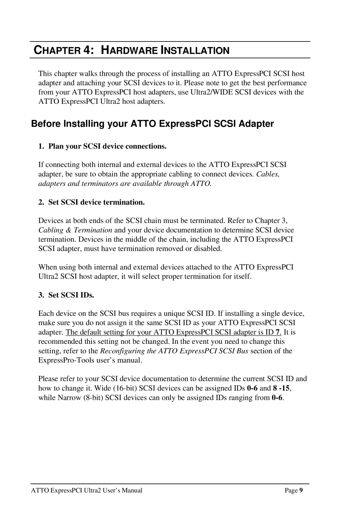 ATTO Technology UL25, UL2D Hardware Installation, Before Installing your Atto ExpressPCI Scsi Adapter, Set Scsi IDs 