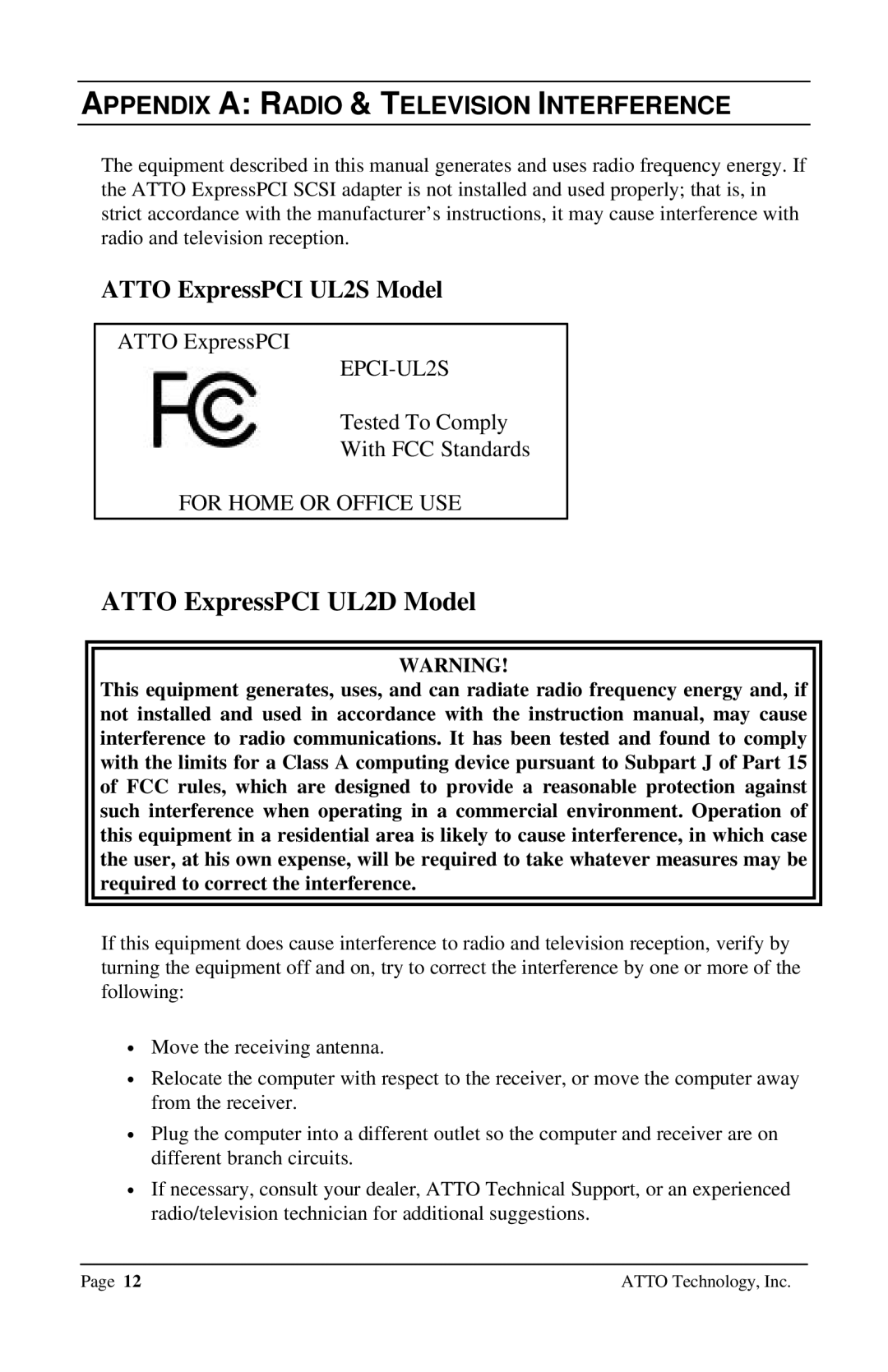 ATTO Technology UL25 user manual Atto ExpressPCI UL2D Model, Appendix a Radio & Television Interference 