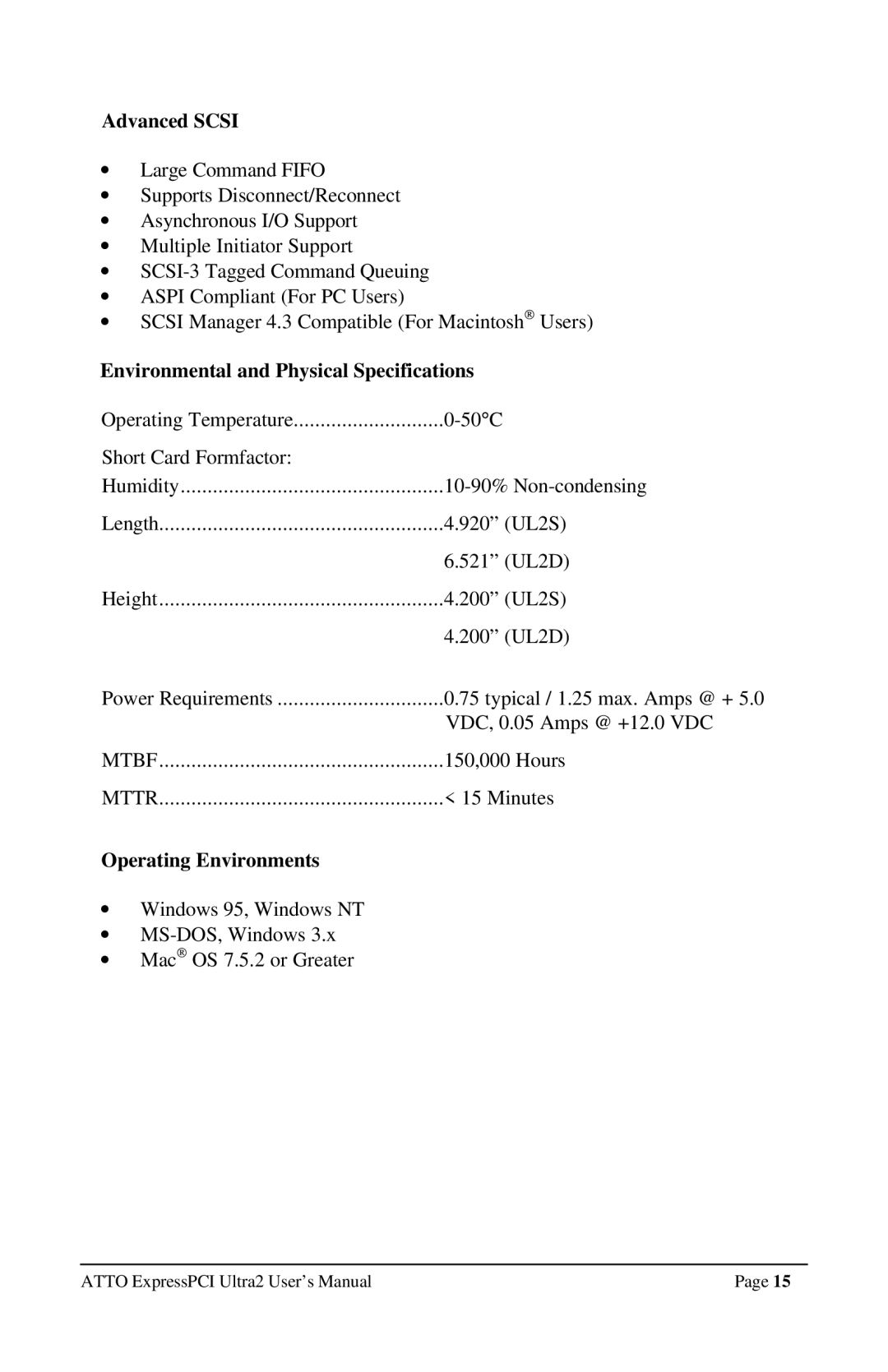 ATTO Technology UL25, UL2D user manual Advanced Scsi, Environmental and Physical Specifications, Operating Environments 