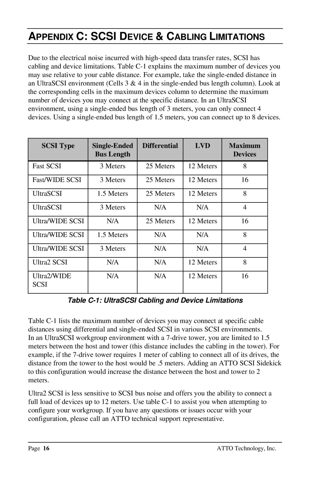 ATTO Technology UL2D, UL25 Appendix C Scsi Device & Cabling Limitations, Scsi Type Single-Ended Differential, Maximum 