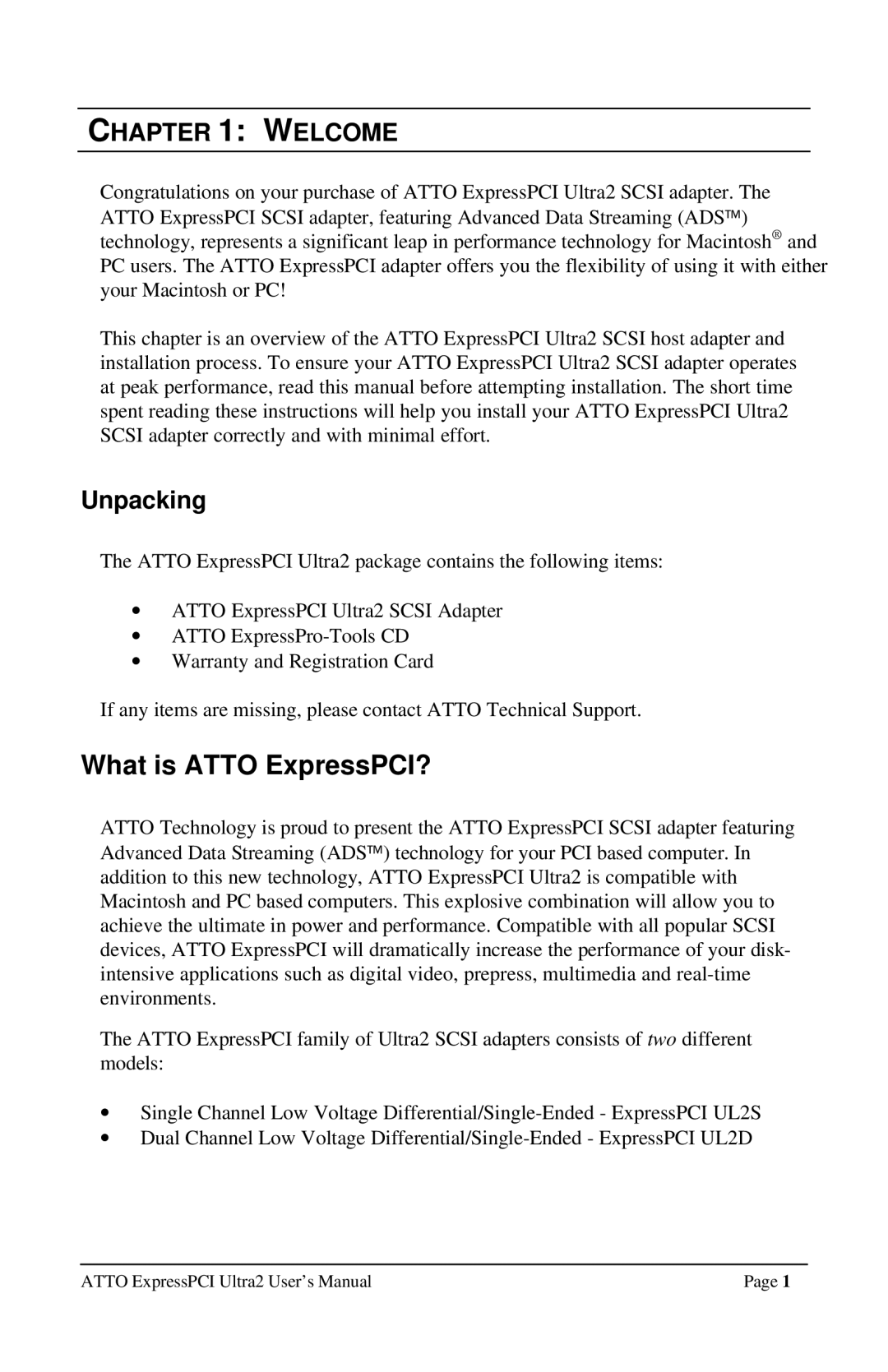 ATTO Technology UL25, UL2D user manual What is Atto ExpressPCI?, Welcome, Unpacking 