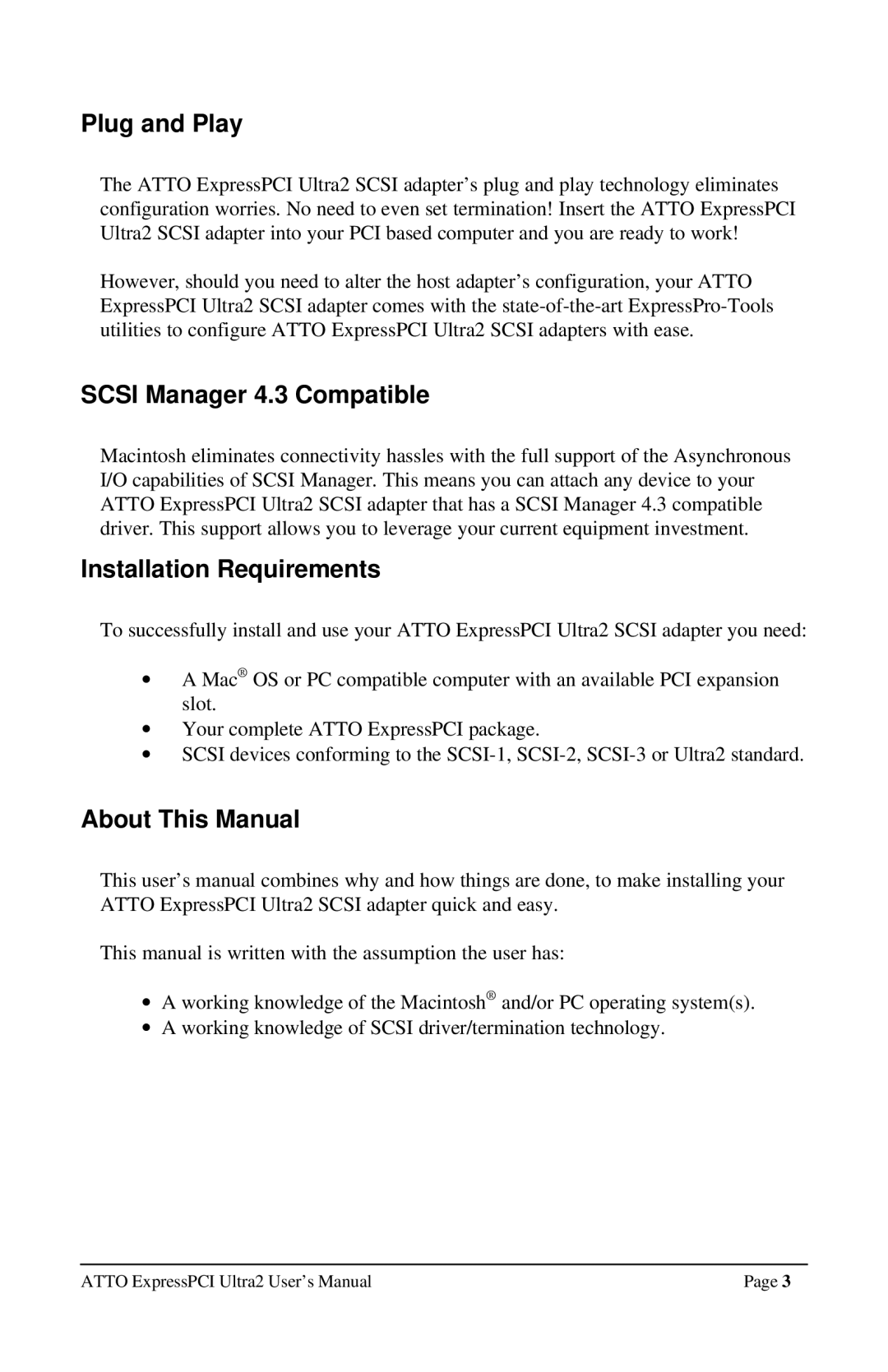 ATTO Technology UL25, UL2D Plug and Play, Scsi Manager 4.3 Compatible, Installation Requirements, About This Manual 