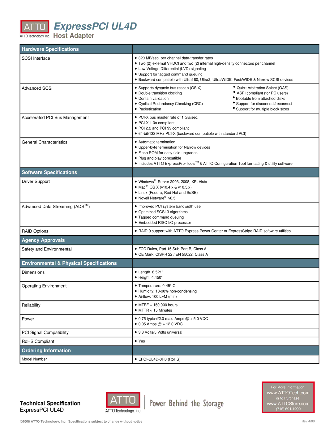 ATTO Technology UL4D warranty Hardware Specifications, Software Specifications, Agency Approvals, Ordering Information 