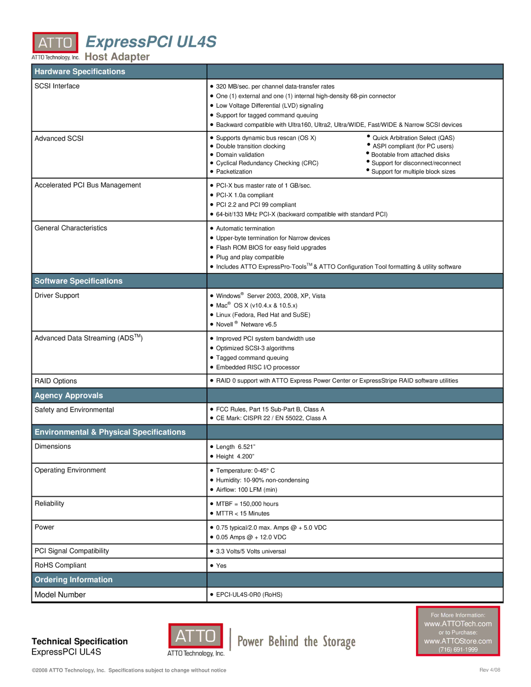 ATTO Technology UL4S warranty Hardware Specifications, Software Specifications, Agency Approvals, Ordering Information 