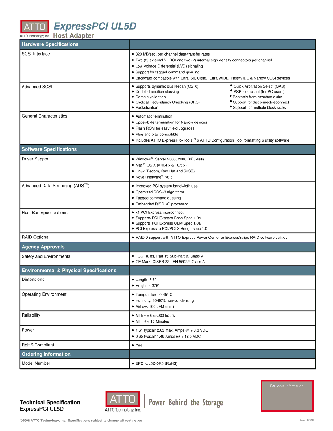 ATTO Technology Ultra320 warranty Hardware Specifications, Software Specifications, Agency Approvals, Ordering Information 