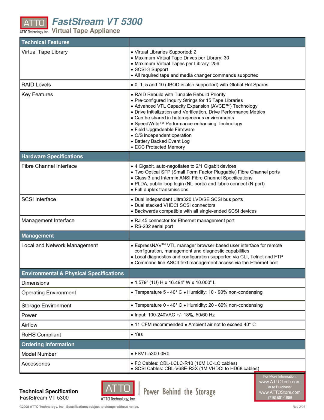 ATTO Technology VT 5300 Technical Features, Hardware Specifications, Management, Environmental & Physical Specifications 