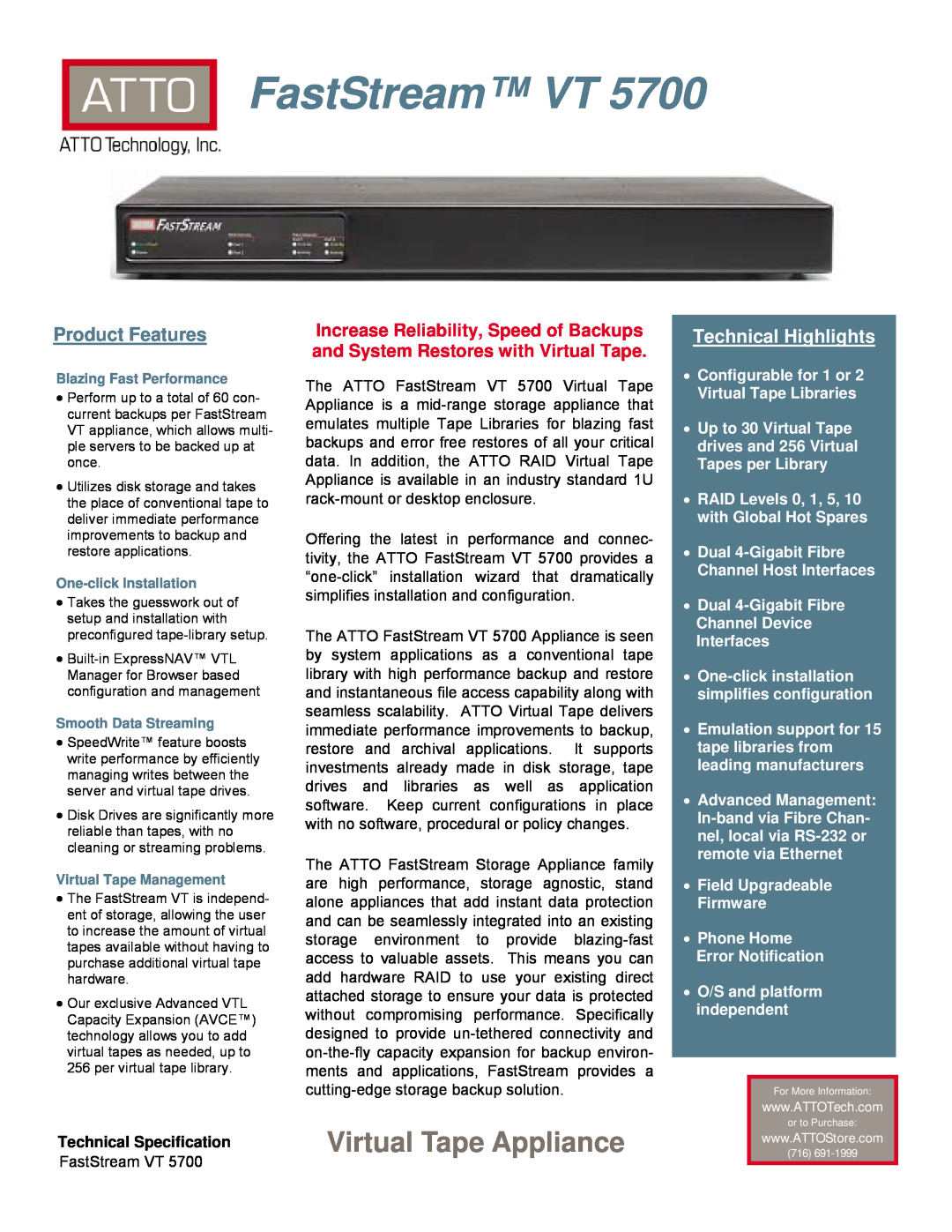 ATTO Technology VT 5700 manual Technical Specification, FastStream VT, Virtual Tape Appliance, Product Features 