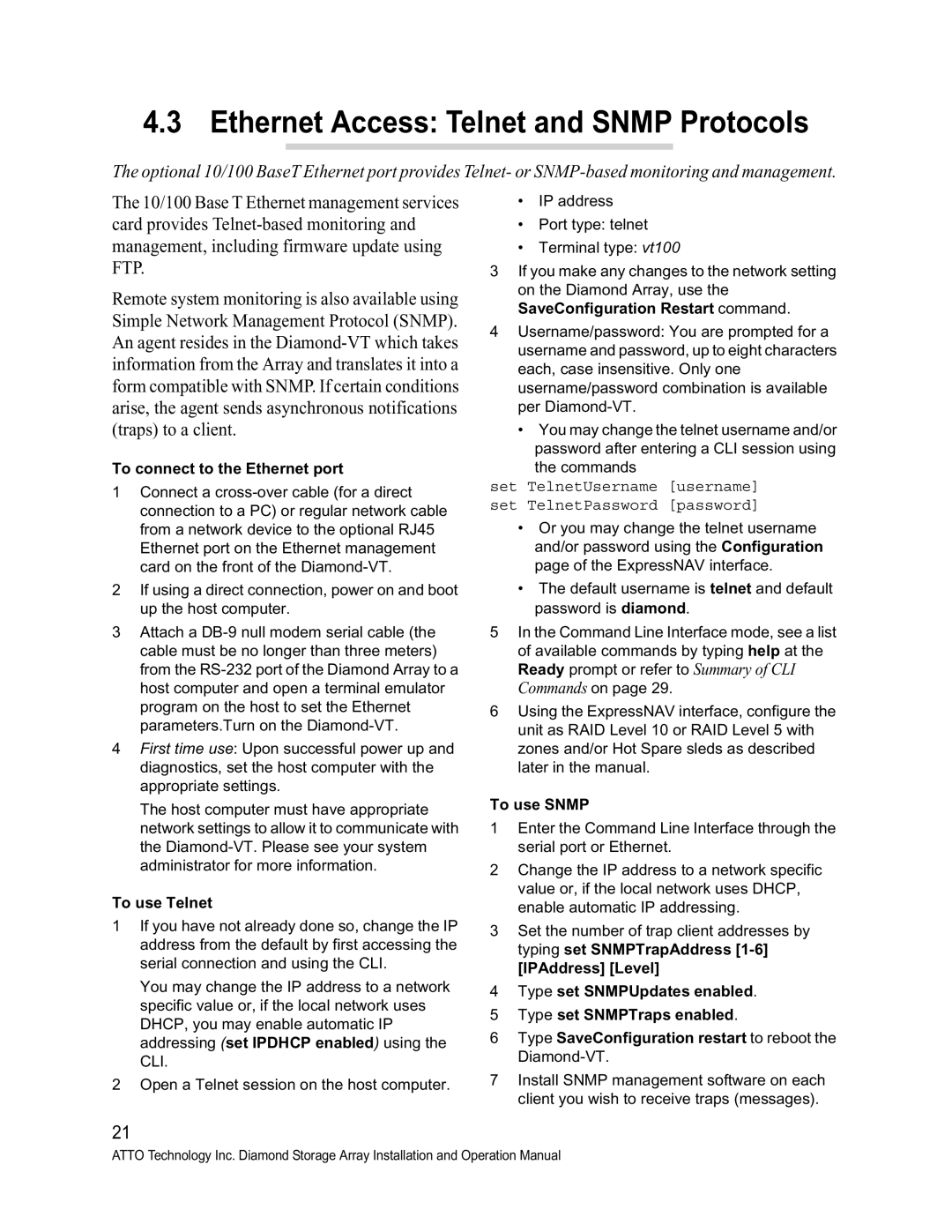 ATTO Technology VT-Class manual Ethernet Access Telnet and Snmp Protocols, To connect to the Ethernet port, To use Telnet 