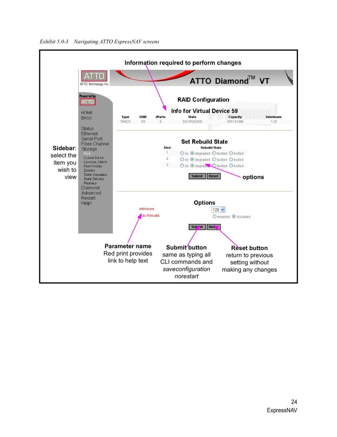 ATTO Technology VT-Class manual Parameter name Submit button, Reset button 