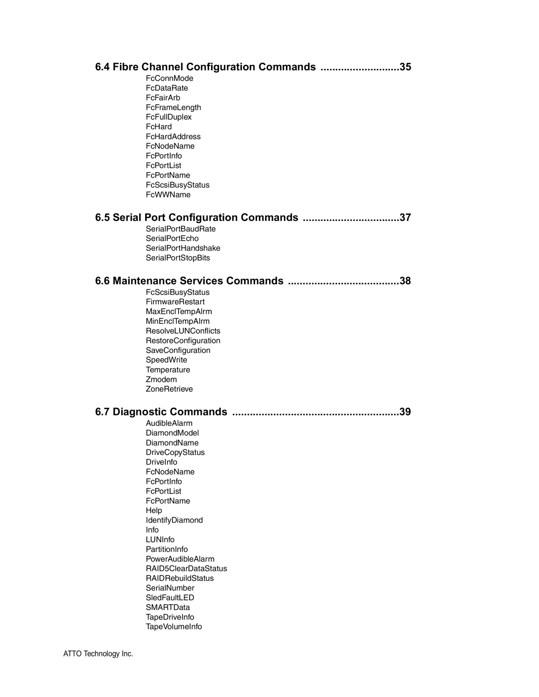 ATTO Technology VT-Class Fibre Channel Configuration Commands, Serial Port Configuration Commands, Diagnostic Commands 