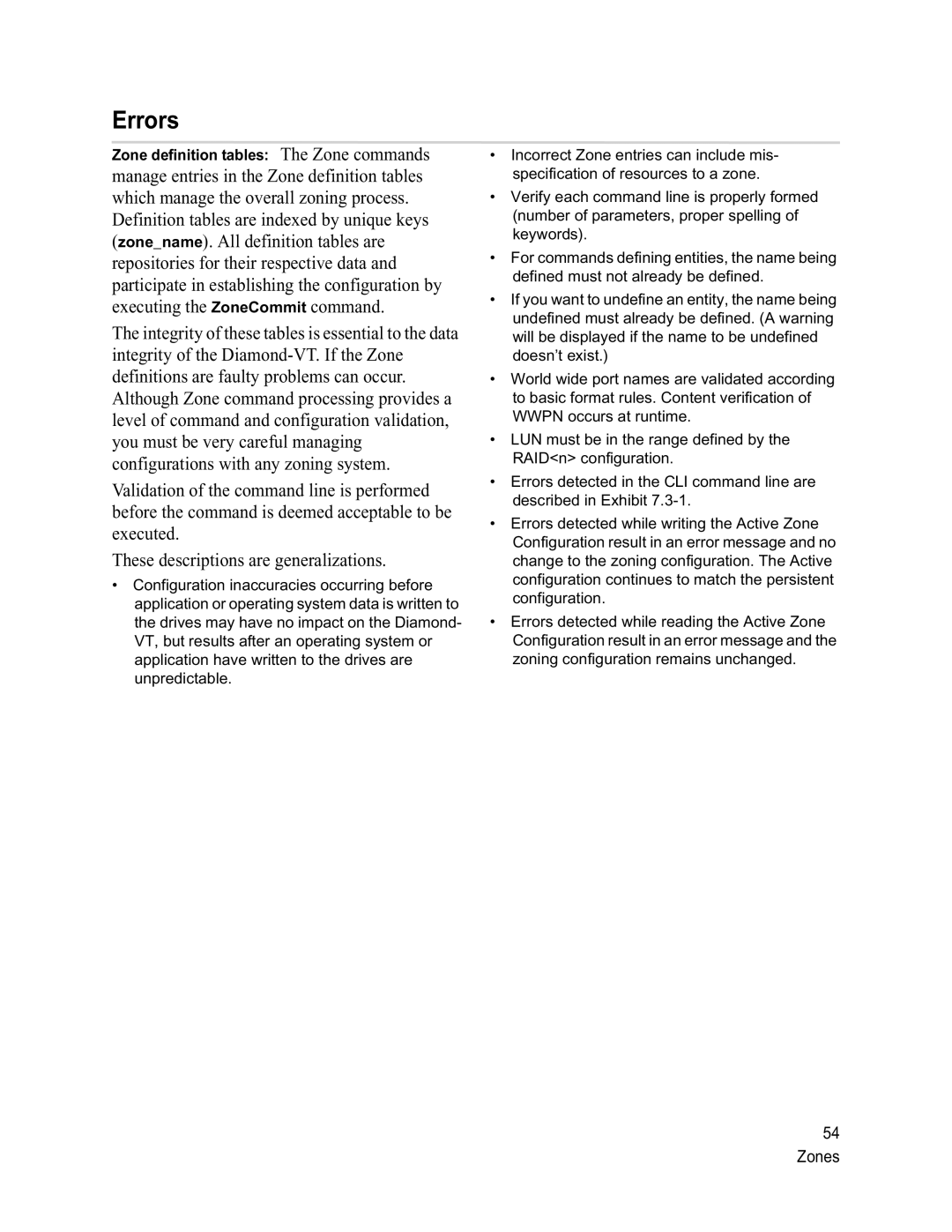 ATTO Technology VT-Class manual Errors, Zone definition tables The Zone commands 