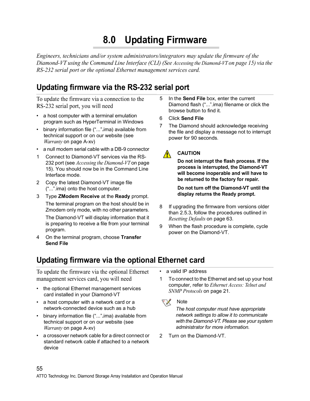 ATTO Technology VT-Class manual Updating Firmware, Updating firmware via the RS-232 serial port 