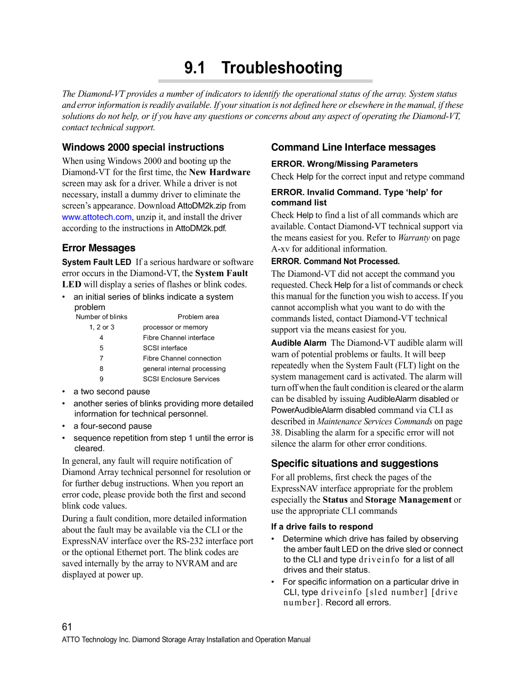 ATTO Technology VT-Class manual Troubleshooting, Windows 2000 special instructions Error Messages 