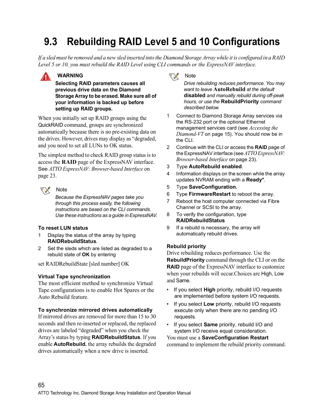 ATTO Technology VT-Class manual Rebuilding RAID Level 5 and 10 Configurations 