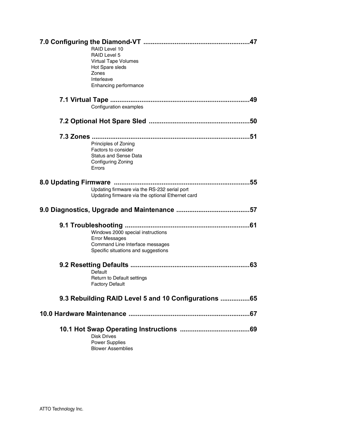 ATTO Technology VT-Class manual Configuring the Diamond-VT, Virtual Tape, Optional Hot Spare Sled Zones, Updating Firmware 