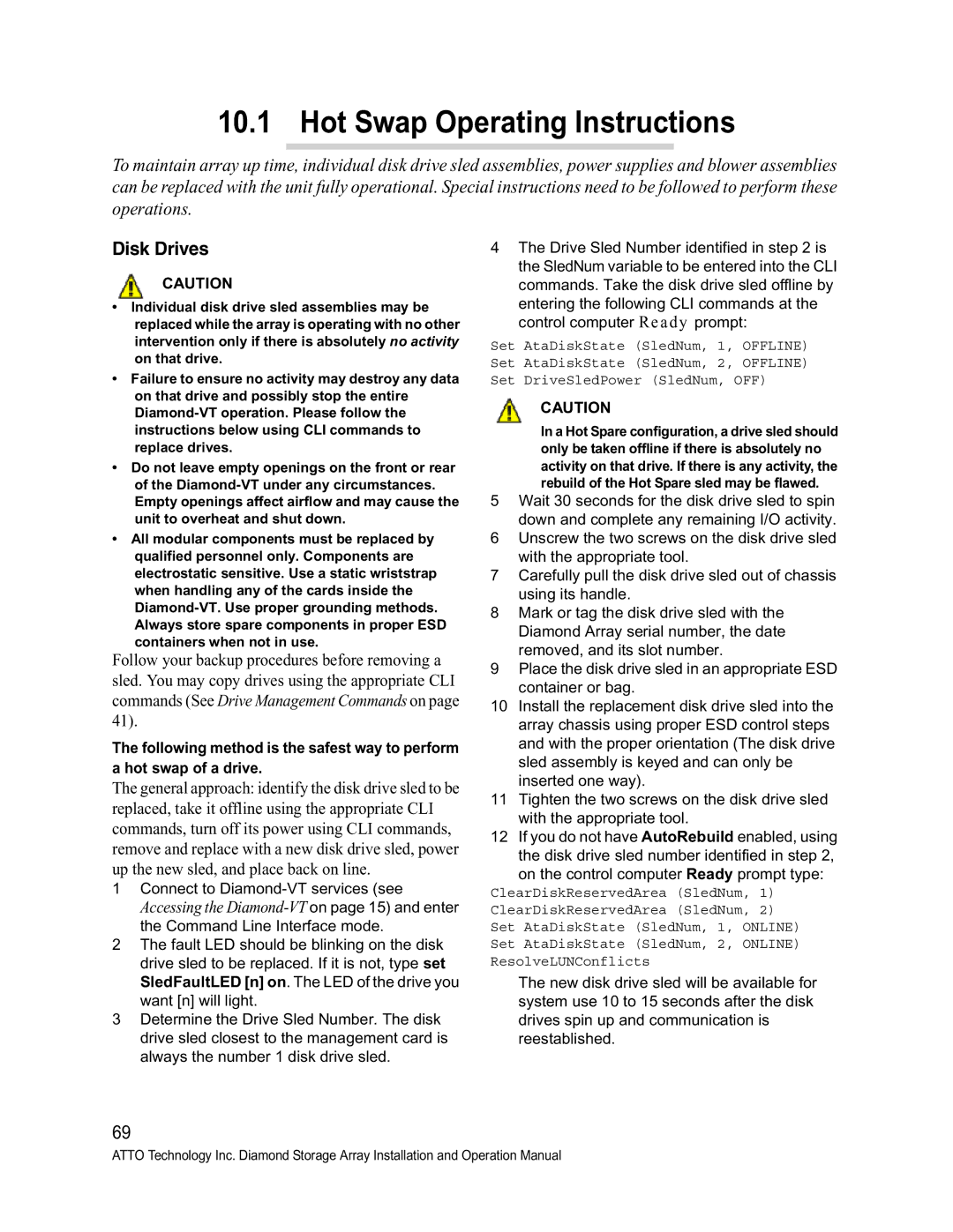 ATTO Technology VT-Class manual Hot Swap Operating Instructions, Disk Drives 