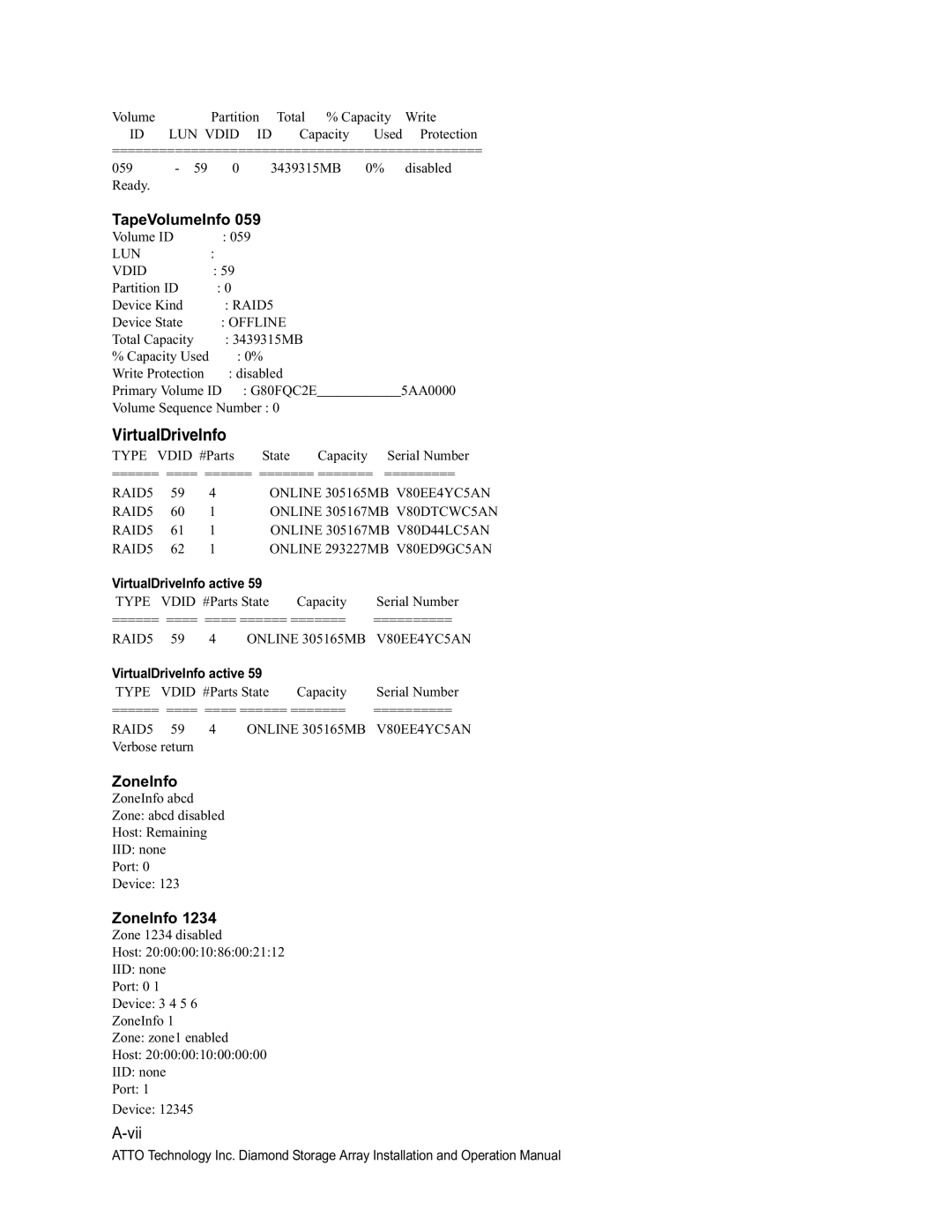 ATTO Technology VT-Class manual TapeVolumeInfo, ZoneInfo 