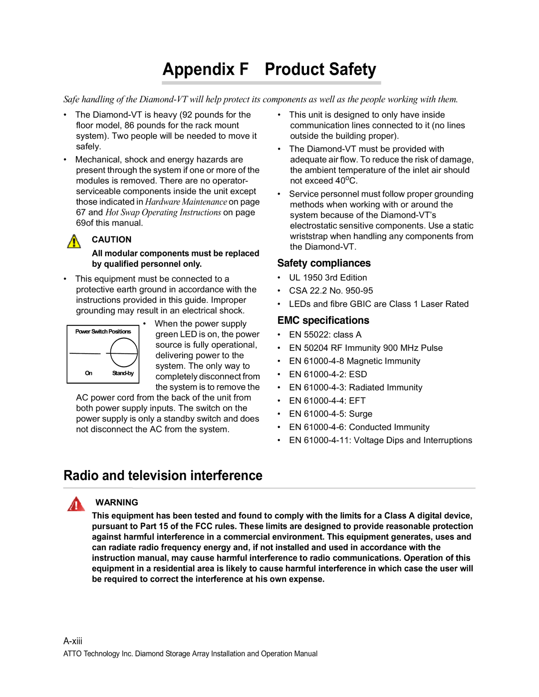 ATTO Technology VT-Class manual Appendix F Product Safety, Radio and television interference, Safety compliances 