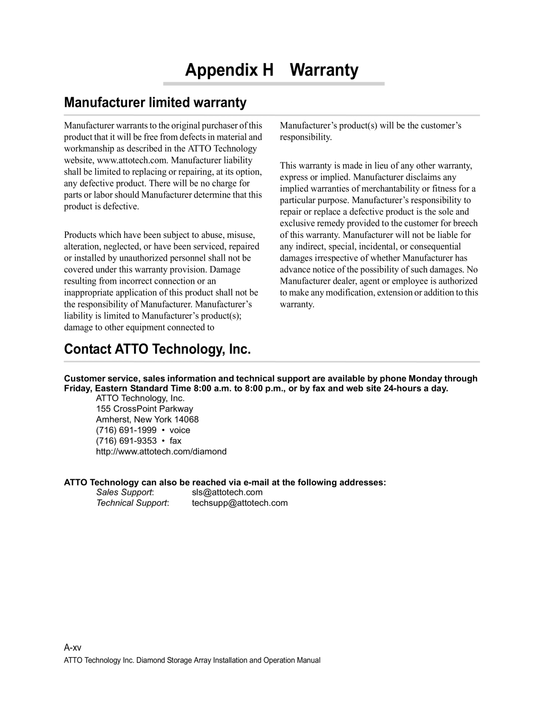 ATTO Technology VT-Class manual Appendix H Warranty, Manufacturer limited warranty, Contact Atto Technology, Inc 