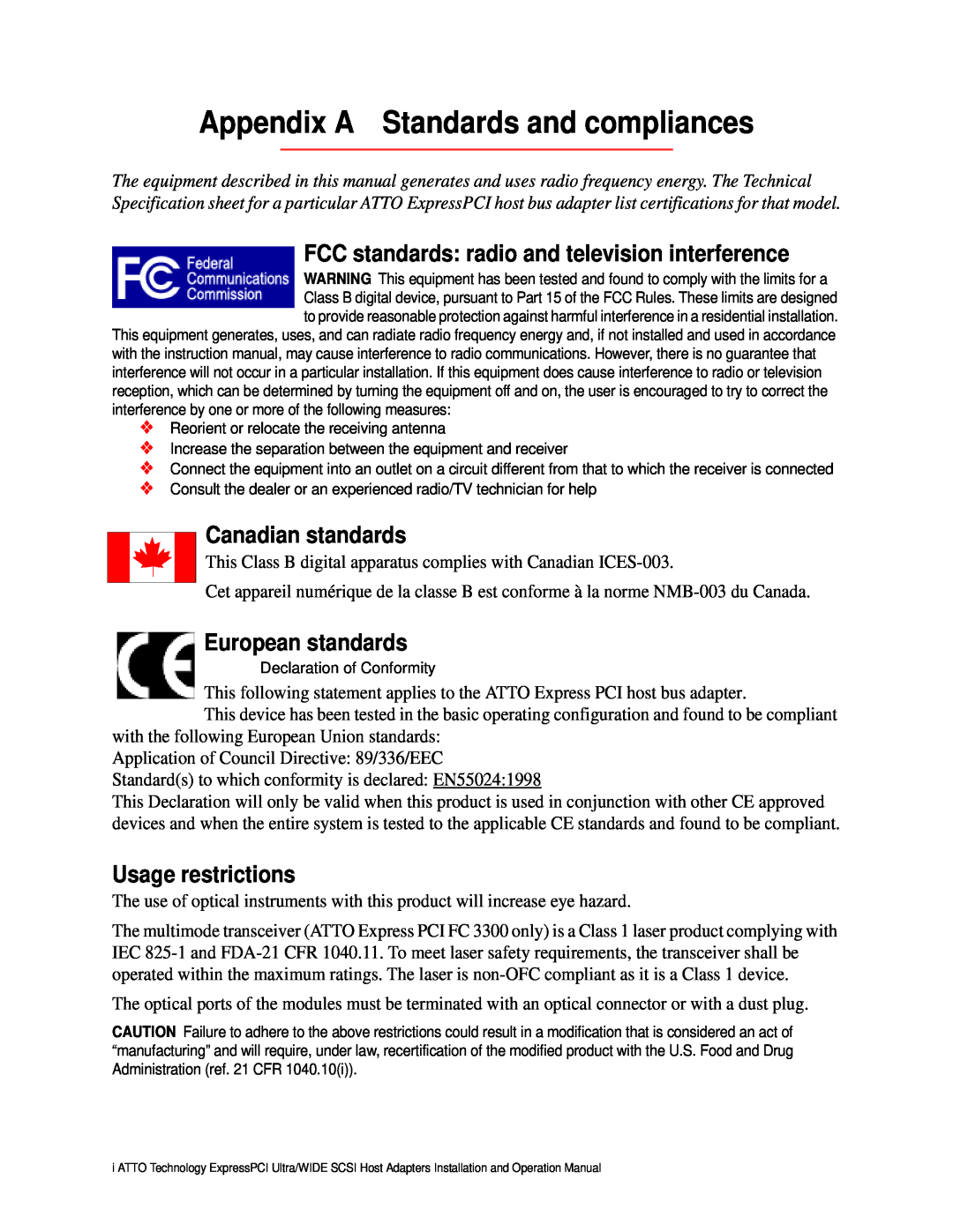 ATTO Technology Appendix A Standards and compliances, FCC standards radio and television interference, Canadian standards 