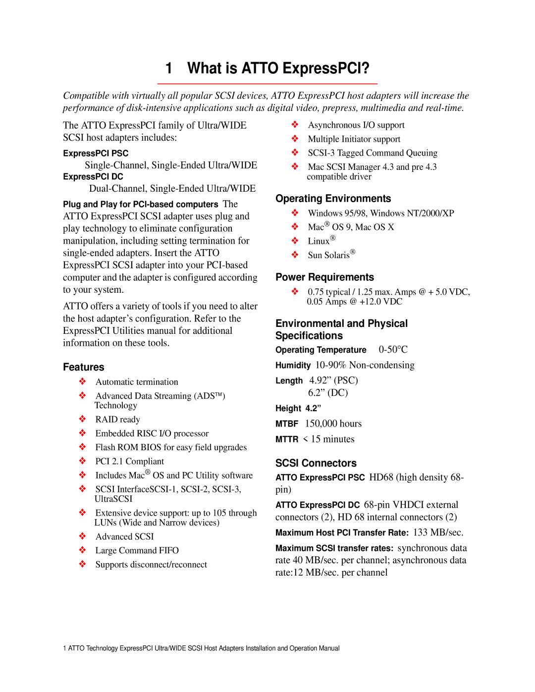 ATTO Technology Features, Operating Environments, Power Requirements, Environmental and Physical Specifications 